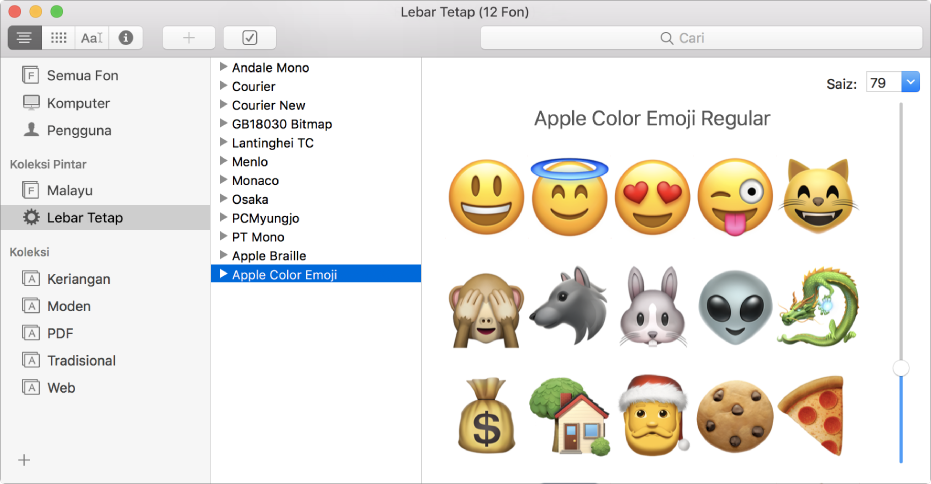 Tetingkap Buku Fon menunjukkan fon Emoji Warna Apple.