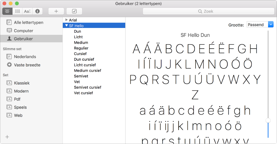 Het venster van Lettertypecatalogus met een onlangs geïnstalleerd lettertype.