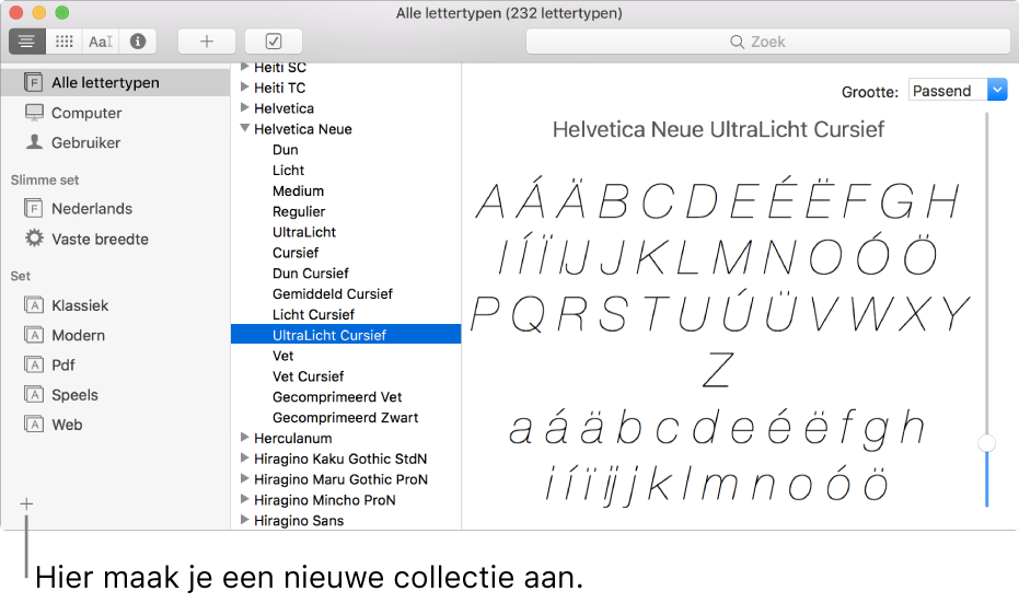Het venster van Lettertypecatalogus met linksonderaan de knop met het plusteken voor het aanmaken van een nieuwe set, slimme set of bibliotheek.