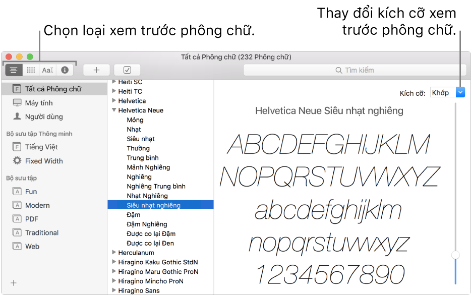 Cửa sổ Sổ quản lý phông chữ đang hiển thị các nút dùng để chọn loại xem trước phông chữ ở phía trên cùng bên trái và thanh trượt dọc dùng để thay đổi kích cỡ xem trước ở phía xa bên phải.