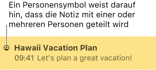 Eine Notiz, zu der Personen hinzugefügt wurden, mit dem Personensymbol links neben dem Namen der Notiz