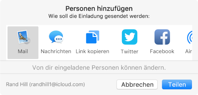 Das Fenster zum Hinzufügen von Personen, in dem du auswählen kannst, wie die Einladung versendet werden soll, die andere zur Zusammenarbeit an einer Notiz erhalten.