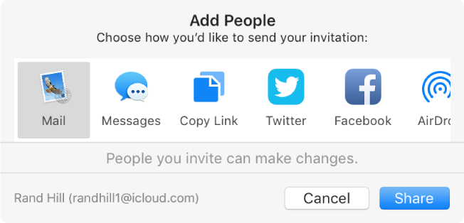 The Add People dialog, where you can choose how to send the invitation to add people to a note.