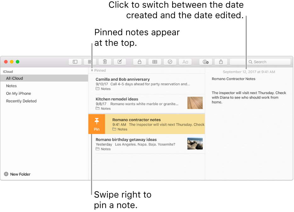 The Notes window with the list of notes in the middle, pinned notes at the top of the notes list, and the Pin button on one note. The content of that note appears on the right with the date at the top; click the date to switch between the date created and the date edited.