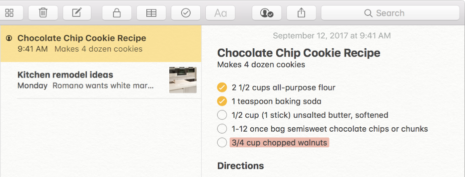 A note with a chocolate chip cookie recipe. A People icon to the left of the note’s name in the note list indicates that people have been added to the note for collaboration.