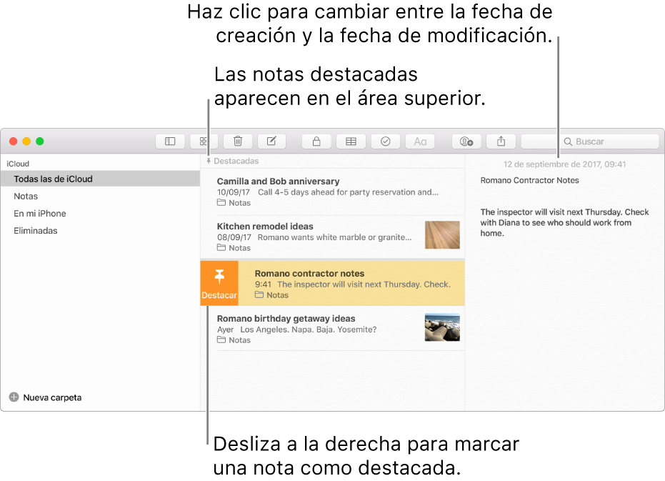 La ventana de Notas con la lista de notas en medio, notas ancladas en la parte superior de la lista de notas y el botón de Anclar en una nota. El contenido de esa nota aparece a la derecha con la fecha en la parte superior; haz clic en la fecha para cambiar entre la fecha creada y la fecha editada.