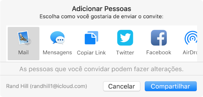 Caixa de diálogo Adicionar Pessoas, onde você escolhe como enviar o convite para adicionar pessoas a uma nota.