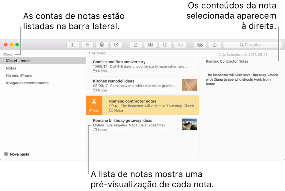 A janela da aplicação Notas com todas as suas contas configuradas listadas na barra lateral à esquerda, a lista de notas ao centro a mostrar uma pré-visualização de cada nota e o conteúdo da nota selecionada apresentado à direita.