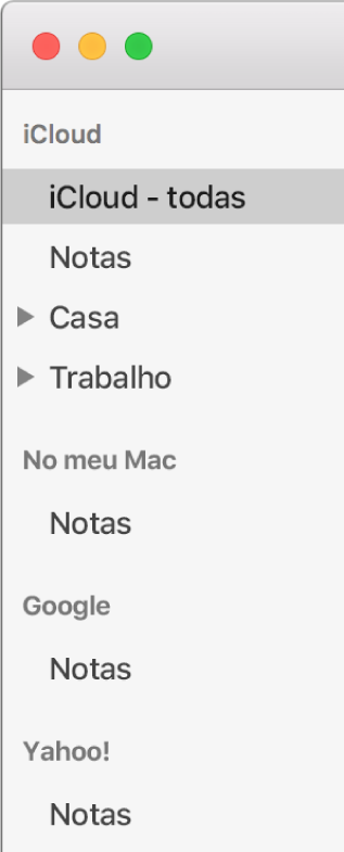 A lista de contas nas Notas a mostrar iCloud, “No meu Mac” e outras contas, como, por exemplo Google e Yahoo.