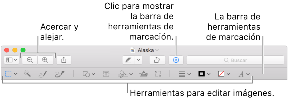 Barra de herramientas de marcación para editar imágenes.