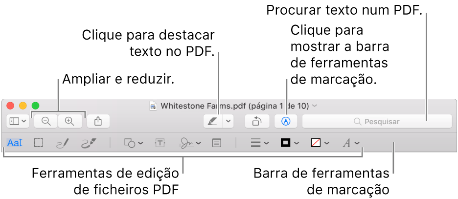 A barra de ferramentas de marcação para marcar um PDF.