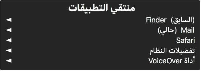 منتقي التطبيقات هو لوحة يظهر بها التطبيقات المفتوحة حاليًا. يوجد على يمين كل عنصر في القائمة سهم.