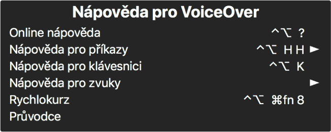 Nabídka nápovědy pro VoiceOver má podobu panelu, který po řadě shora dolů obsahuje následující položky: Nápověda online, Nápověda pro příkazy, Nápověda pro klávesnici, Nápověda pro zvuky, Rychlokurz a Průvodce. Vpravo od každé položky se nachází příkaz VoiceOveru, jímž položku zobrazíte, nebo šipka, která umožňuje přístup k podnabídce.