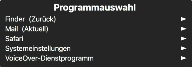 Die Programmauswahl ist ein Bereich, in dem die derzeit geöffneten Apps angezeigt werden. Rechts neben jedem Objekt in der Liste befindet sich ein Pfeil.