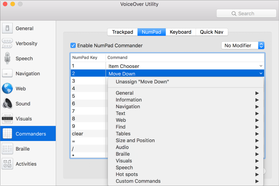 The VoiceOver Utility window showing the Commanders category selected in the sidebar and the NumPad pane selected on the right. At the top of the NumPad pane, the Enable NumPad Commander checkbox is selected. No Modifier is selected from the Modifier pop-up menu. Below the checkbox and pop-up menu is a table with two columns: NumPad Key and Command. The second row is selected and contains 2 in the NumPad Key column and Move Down in the Command column. A pop-up menu below Move Down shows command categories, such as General; each category has an arrow to display commands that can be assigned to the current NumPad key.