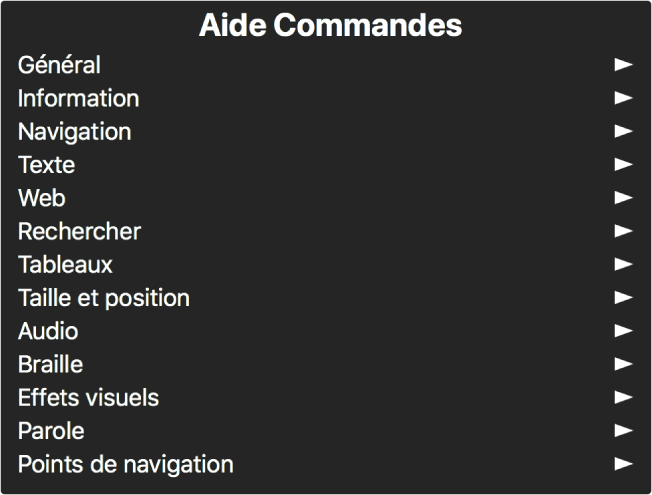 Le menu Aide Commandes est une sous-fenêtre qui répertorie des catégories de commandes, commençant par Général et se terminant par Points de navigation. Une flèche apparaît à droite de chaque élément de la liste pour accéder à son sous-menu.