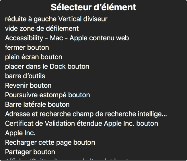 Le sélecteur d’élément est une sous-fenêtre qui répertorie des éléments, notamment une zone de défilement vide, un bouton de fermeture, une barre d’outils et le bouton Partager.