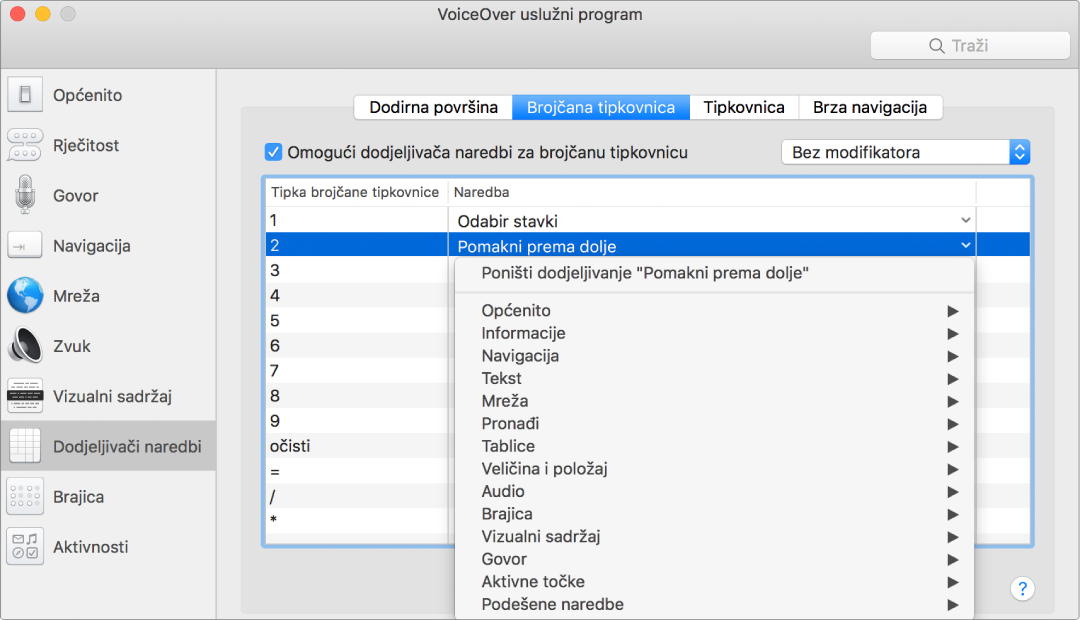 Prozor Uslužnog programa VoiceOver koji prikazuje kategoriju Dodjeljivač naredbi odabranu u rubnom stupcu i odabranu brojčanu tipkovnicu na desnoj strani. U gornjem uglu prikaza brojčane tipkovnice odabrana je kućica "Omogući dodjeljivača naredbi za brojčanu tipkovnicu". Iz skočnog izbornika Modifikator nije odabran nijedan Modifikator. Ispod potvrdne kućice i skočnog izbornika nalazi se tablica s dva stupca: Brojčana tipka i Naredba. Odabire se drugi redak i sadrži 2 u stupcu tipki brojčane tipkovnice i Pomakni dolje u stupcu Naredba. Skočni izbornik ispod Pomakni prema dolje koji prikazuje kategorije naredbi, poput Općenito; svaka kategorija ima strelicu za prikaz naredbi koje se mogu dodijeliti trenutačnoj tipki brojčane tipkovnice.