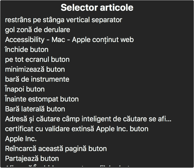 Selectorul de articole este un panou care listează, printre altele, articole precum o zonă de derulare goală, butonul de închidere, bara de instrumente și butonul Partajează.