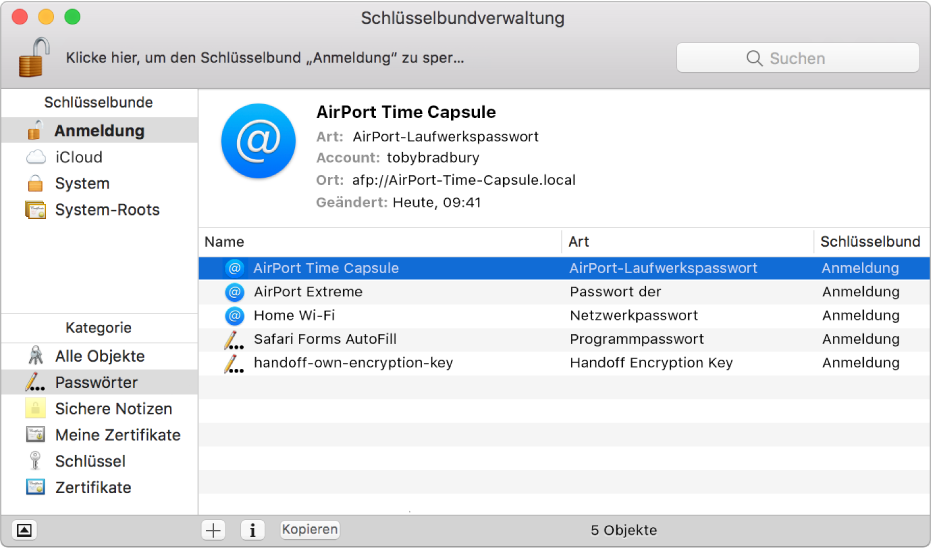 Fenster der Schlüsselbundverwaltung mit einer Liste der Accounts, deren Passwörter in einem Schlüsselbund gespeichert sind