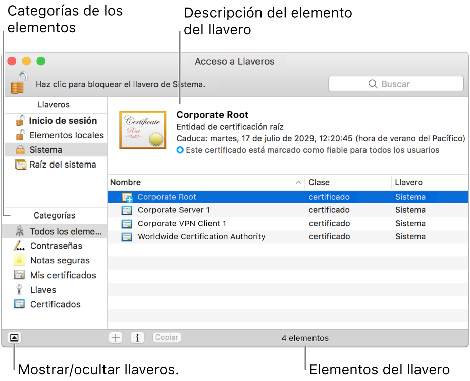 Ventana de Acceso a Llaveros. En la parte superior hay una lista de tus llaveros, y debajo hay una lista de las categorías de elementos que hay en el llavero seleccionado (como “Contraseñas” y “Notas seguras”). En la parte inferior derecha hay una lista de los elementos que hay en la categoría seleccionada, y arriba se encuentra una descripción del elemento seleccionado.