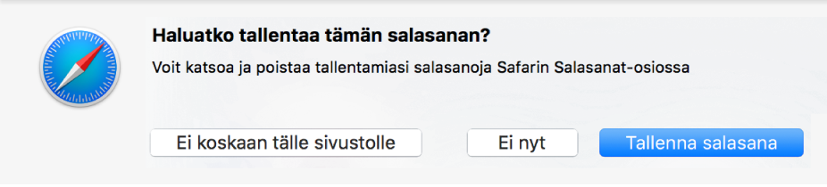 Valintaikkuna, jossa kysytään, haluatko tallentaa salasanan.