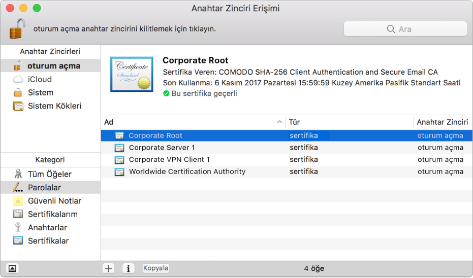 Sertifikaların gösterildiği Anahtar Zinciri Erişim penceresi.