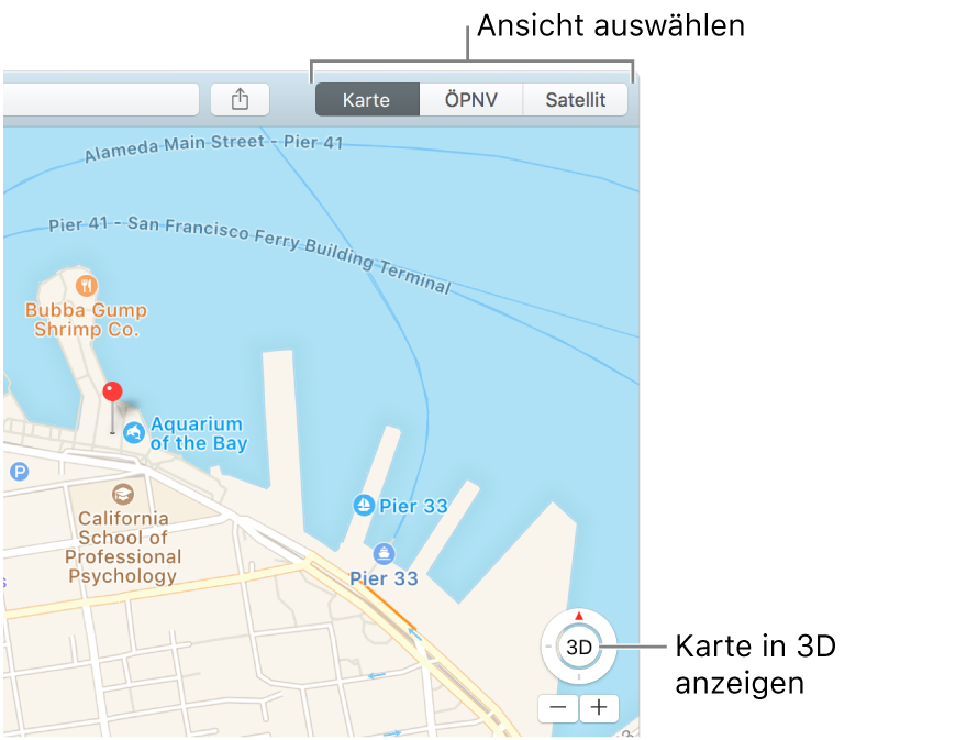 Klicke zum Ändern der Kartendarstellung auf „Karte“ oder auf „Satellit“ in der Symbolleiste. Zum Anzeigen einer Karte in 3D klicke auf die unten im Fenster angezeigte Taste.