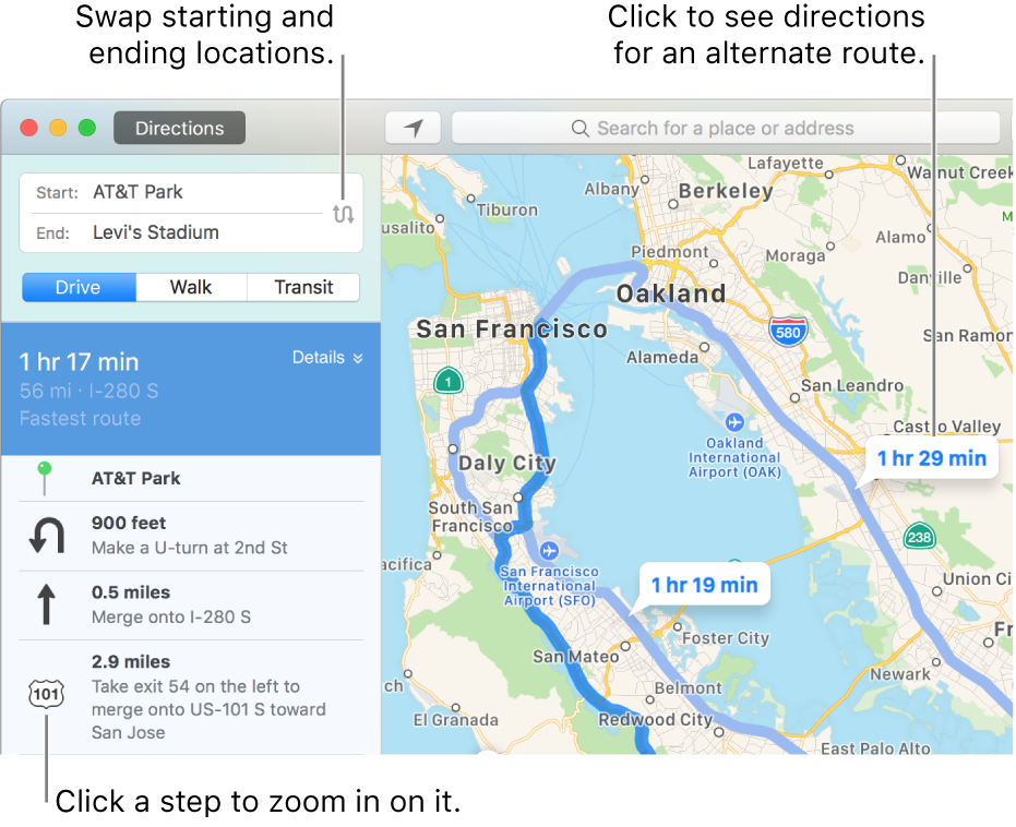 Click a step in the directions on the left to zoom in, or click an alternate route in the map on the right