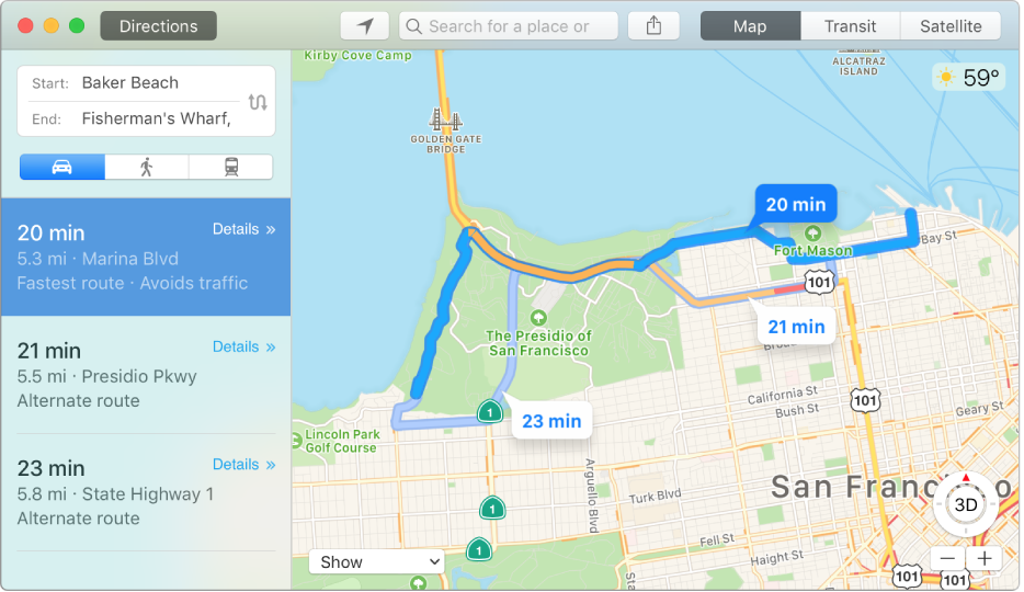 Maps window showing a route to a destination.