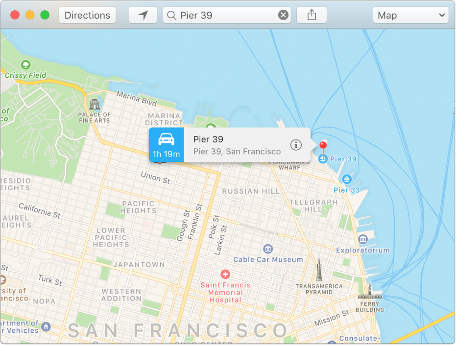 The Info window for a pin on the map showing the location’s address and the estimated travel time from your location.