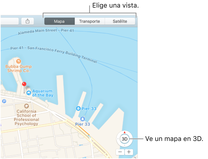 Haz clic en Mapa o Satélite en la barra lateral para cambiar la vista. Para ver un mapa en 3D, haz clic en el botón situado en la parte inferior de la ventana.