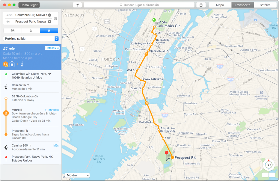 Ventana de Mapas mostrando una ruta en transporte público a un destino y el tiempo de viaje estimado.