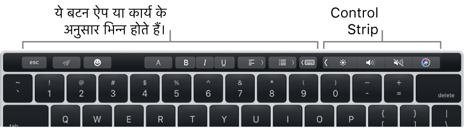 बटन वाला Touch Bar बाईं ओर ऐप या टास्क के साथ और दाईं ओर कॉलेप्स्ड Control Strip के साथ अलग-अलग होता है।