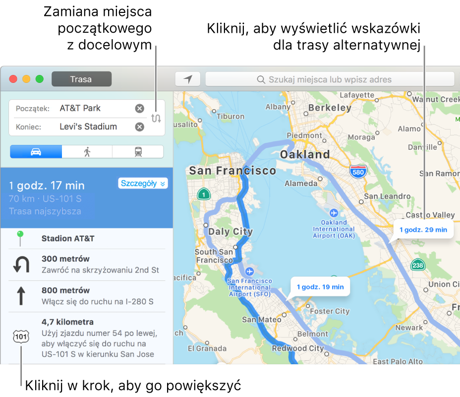 Kliknij w krok na liście wskazówek po lewej, aby przybliżyć go na mapie. Możesz też kliknąć w alternatywną trasę na mapie po prawej.