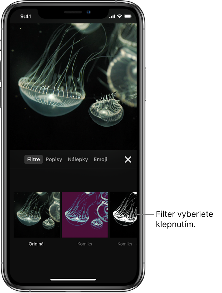 Obrázok videa v prehliadači s vybratou položkou Filtre a filtrom Komiks, ako aj ďalším filtrami zobrazenými nižšie.