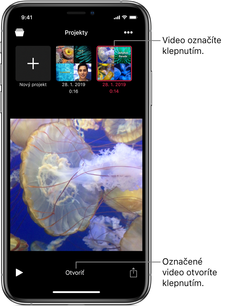 Miniatúry projektu nad obrázkom videa v zobrazovači s tlačidlom Otvoriť nižšie.