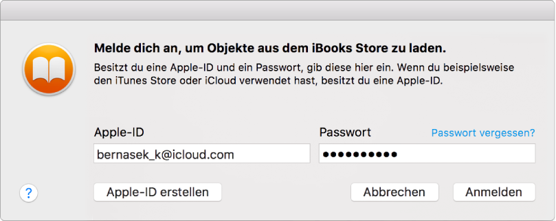 Das Dialogfenster zum Anmelden mit einer Apple-ID und einem Passwort