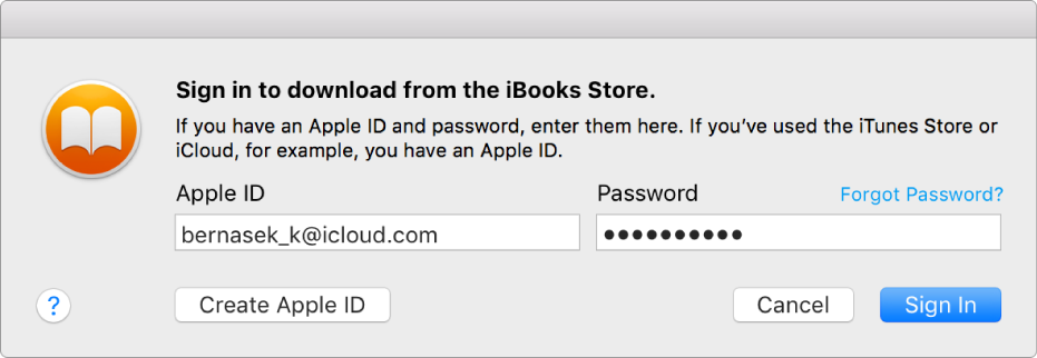 The dialog to sign in using an Apple ID and password.