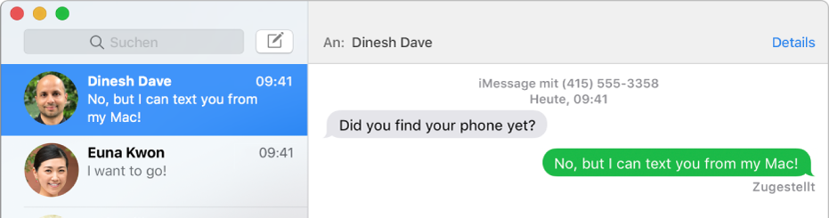 Das Fenster „Nachrichten“ mit einer Liste von zwei Konversationen in der Seitenleiste links und einer Konversation im Bereich rechts. Eine der Sprechblasen ist grün; das bedeutet, dass die Nachricht als SMS-Textnachricht gesendet wurde.