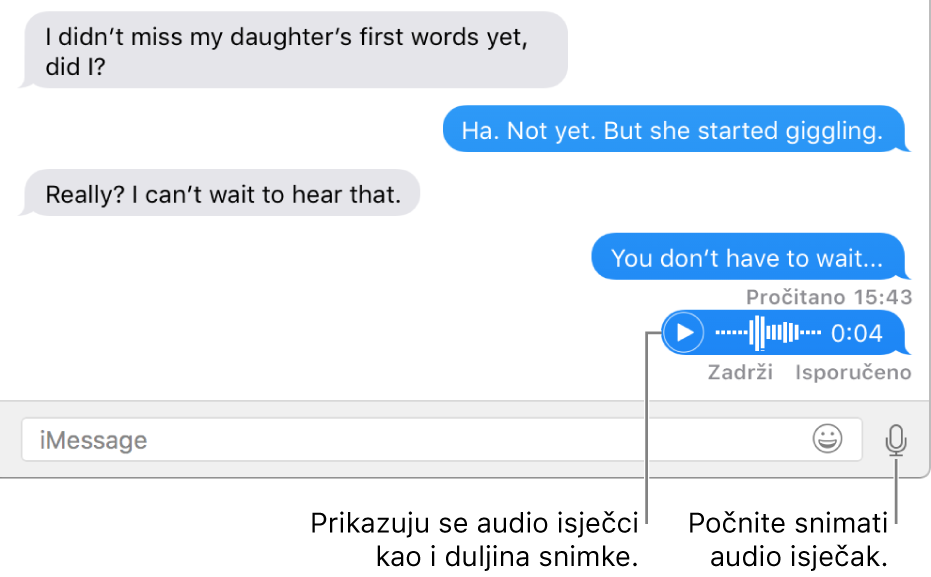 Razgovor u prozoru Poruka s tipkom Zvučnog isječka pored tekstualnog polja na dnu prozora.