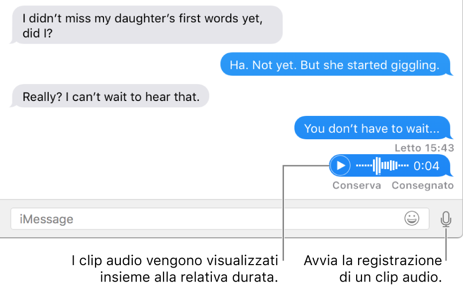 Una conversazione nella finestra Messaggi. È visualizzato il pulsante frammento audio accanto al campo di testo nella parte inferiore della finestra.