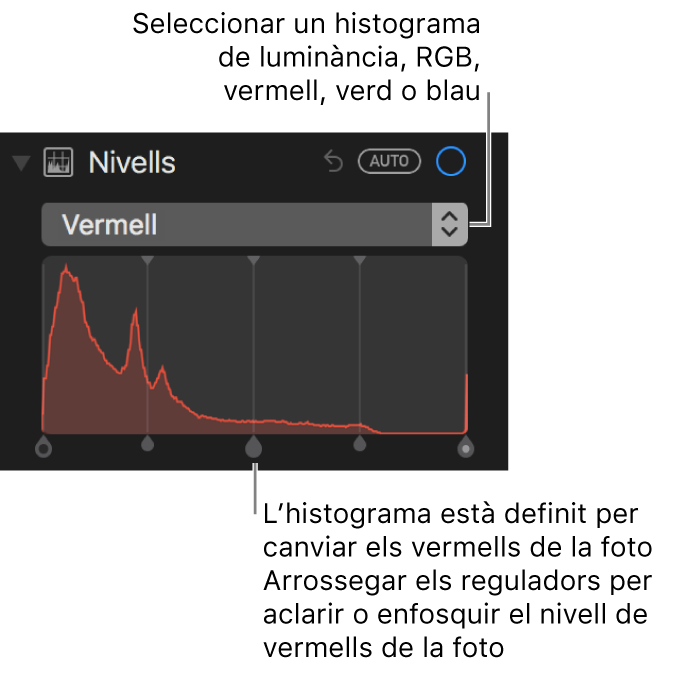Els controls de nivell i l’histograma per canviar els tons vermells d’una foto.