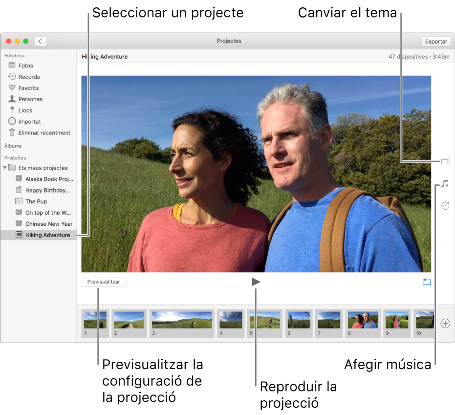 Finestra de l’app Fotos que mostra una projecció a la part principal de la finestra, amb els botons Previsualitzar, Reproduir i Bucle sota la imatge principal de la projecció, miniatures de totes les imatges de la projecció a la part inferior de la finestra i, a la dreta, els botons Tema, Música i Durada.