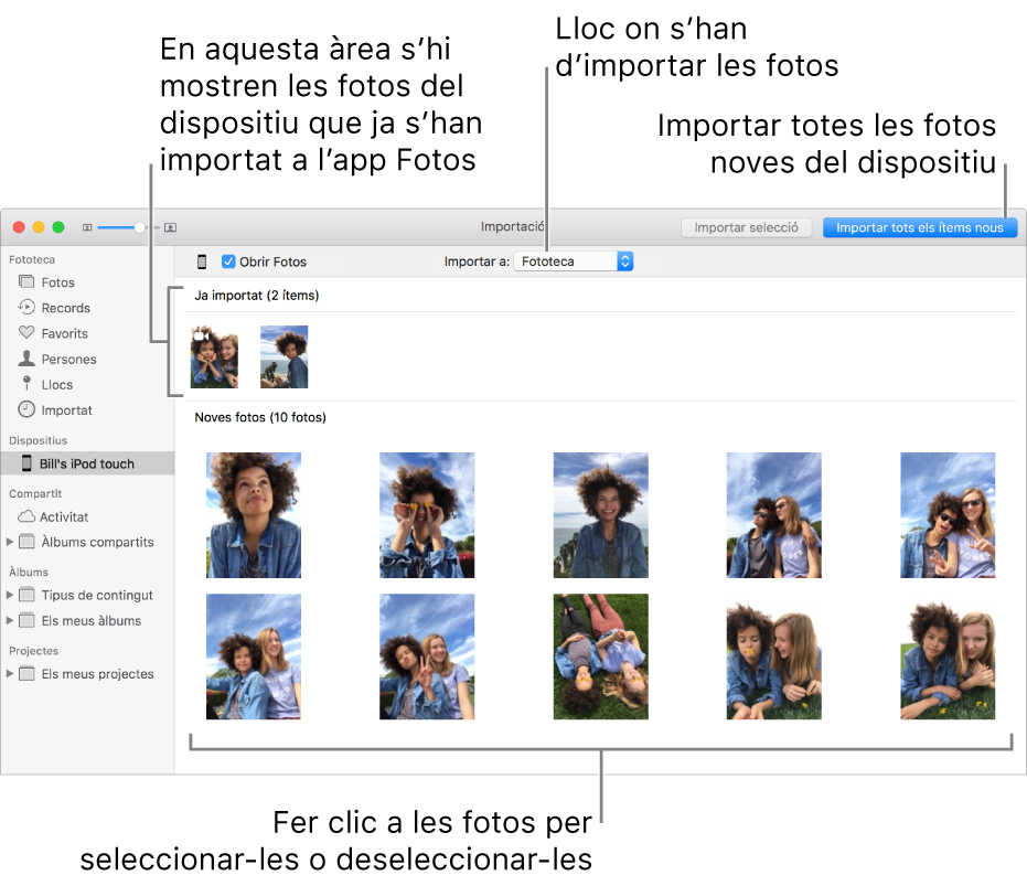 Les fotos del dispositiu que ja has importat es mostren a la part superior del tauler i les noves fotos es mostren a la part inferior. A la part superior central hi ha el menú desplegable ”Importar a”. El botó “Importar totes les fotos noves” és a la part superior dreta.