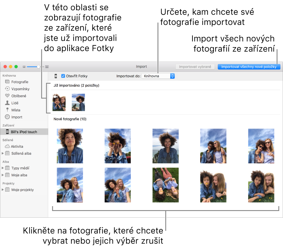 V horní části panelu se zobrazí fotografie na zařízení, které jste již importovali. Dole se zobrazí fotografie nové. Nahoře uprostřed je místní nabídka Cíl importu. Vpravo nahoře je tlačítko Všechny nové fotografie.