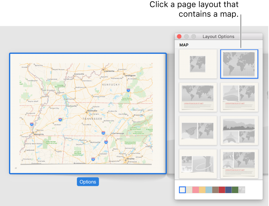 Layout Options window showing map layouts.