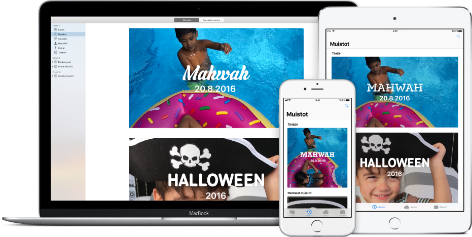 Mac, iPhone ja iPad käyttävät iCloud-kuvakirjastoa, jolloin jokaisella laitteella näkyy sama joukko kuvia.