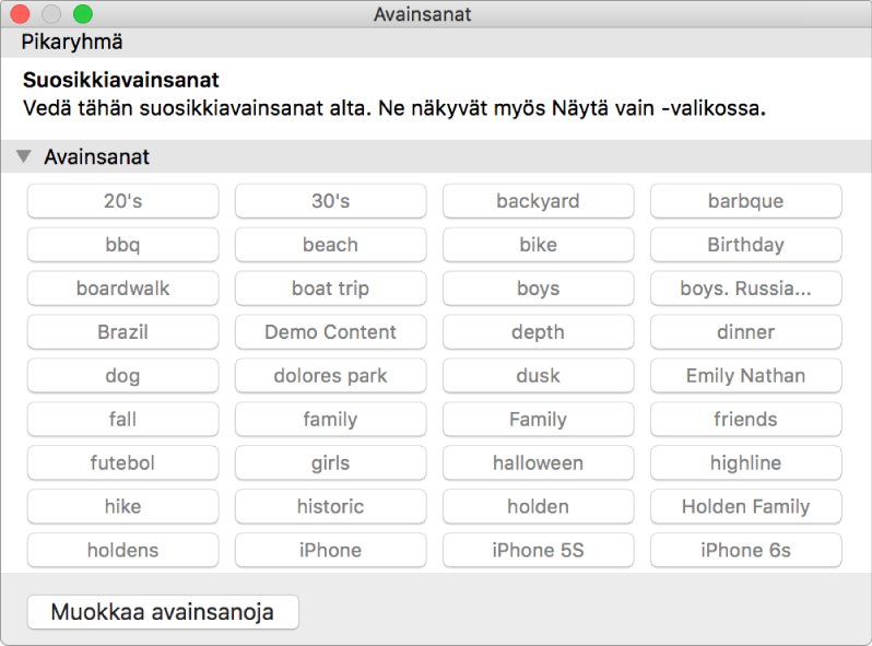 Avainsanojen hallinta -ikkuna