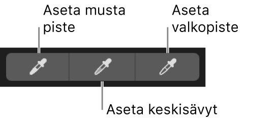Pipetit, joilla valitaan kuvan musta piste, keskisävyt tai valkoinen piste.
